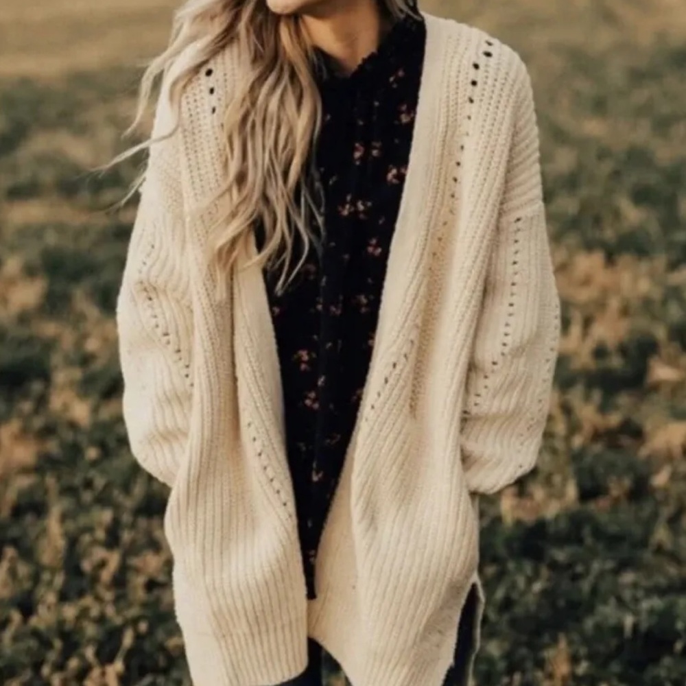 New Free People Nightingale Sm Off White Longline Knit Slouchy Cardi Cardigan